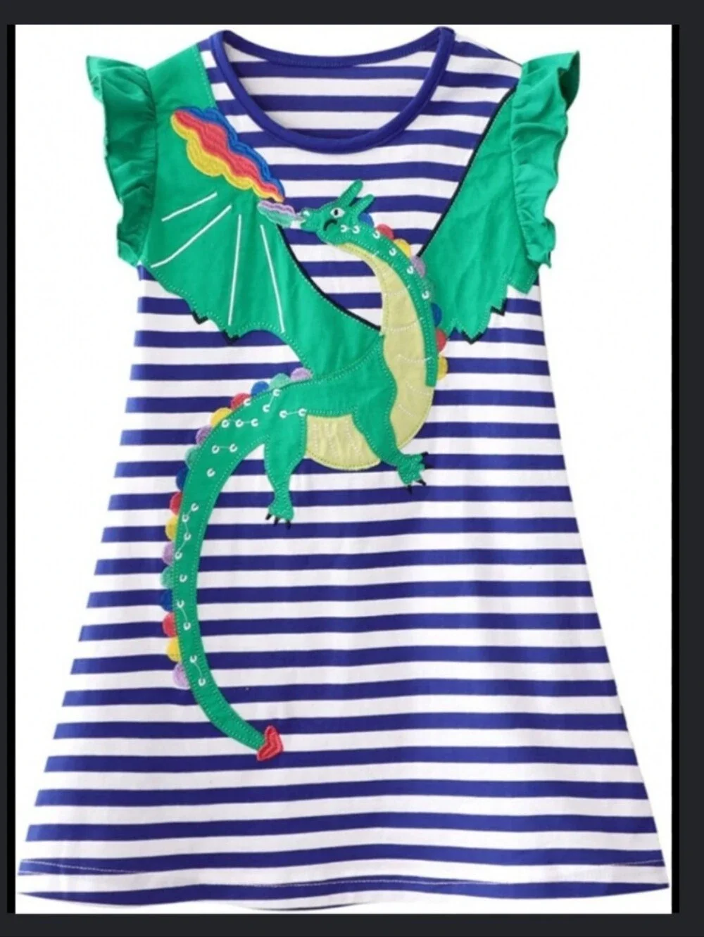 Girls Ruffle Sleeve Striped Dragon Dress